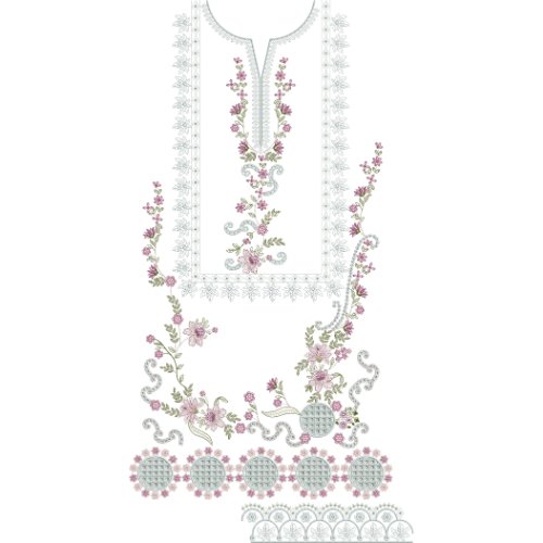 Elegant Floral Neckline Embroidery Design with Delicate Vine Scrolls and Decorative Hem Border