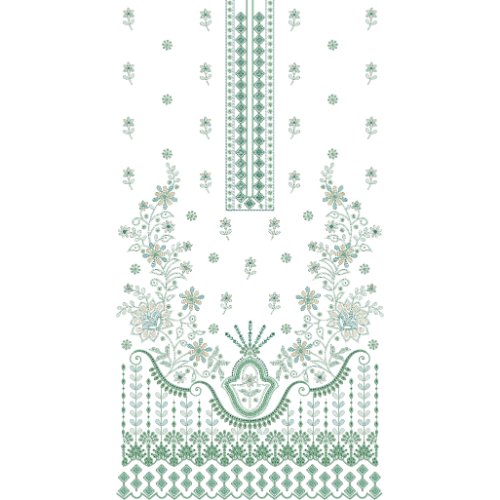 Elegant Floral Dress Embroidery Design with Decorative Border and Scattered Blossom Motifs