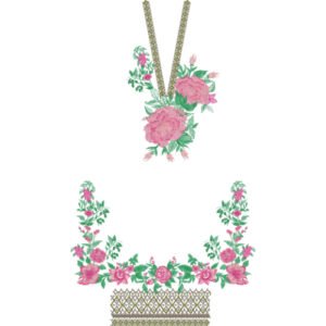 Elegant Floral Neckline Embroidery Design with Rose Motifs and Geometric Hem Border