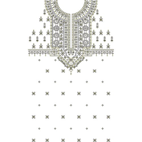 Traditional Geometric Neckline Embroidery Design with Ethnic Motifs and All-Over Buti Pattern
