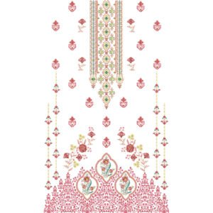 Traditional Floral Dress Embroidery Design with Ornamental Panel, Hanging Tassel Motifs, and Decorative Border