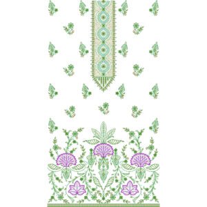 Elegant Floral Dress Embroidery Design with Ornamental Medallion Panel and Botanical Border