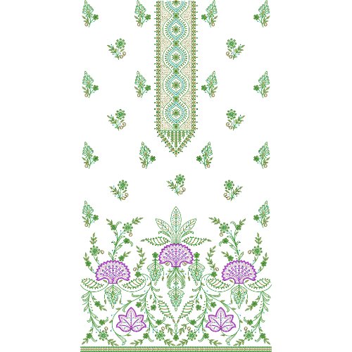 Elegant Floral Dress Embroidery Design with Ornamental Medallion Panel and Botanical Border