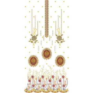 Royal Floral Dress Embroidery Design with Hanging Bouquet Motifs, Ornamental Medallions, and Decorative Garden Border