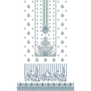 Elegant Floral Dress Embroidery Design with Ornamental Panel, All-Over Buti Motifs, and Decorative Border