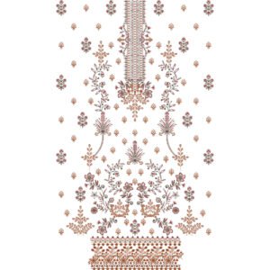 Elegant Floral Dress Embroidery Design with Ornamental Vine Motifs, Scattered Butis, and Decorative Lace Border