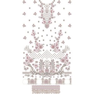 Luxury Floral Dress Embroidery Design with Ornamental Neckline, Botanical Vines, and Decorative Lace Border