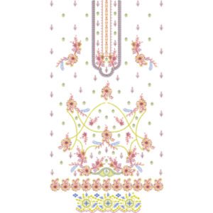 Elegant Floral Dress Embroidery Design with Scrolling Vine Motifs and Decorative Blossom Border