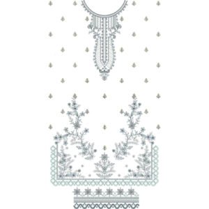 Elegant Floral Dress Embroidery Design with Ornamental Neckline, Delicate Botanical Sprays, and Decorative Border