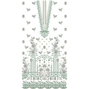 Elegant Botanical Dress Embroidery Design with Ornamental Neckline, Floral Garden Motifs, and Decorative Scalloped Border