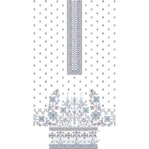 Elegant Floral Dress Embroidery Design with Geometric Placket, Scattered Butis, and Ornamental Border