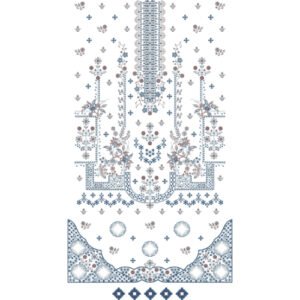Luxury Floral Dress Embroidery Design with Ornamental Placket, Botanical Vines, and Scalloped Border