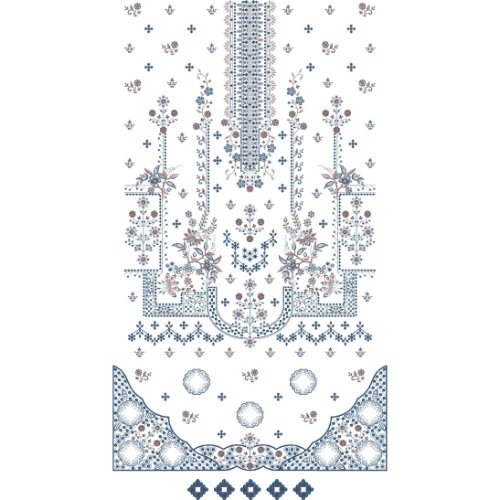 Luxury Floral Dress Embroidery Design with Ornamental Placket, Botanical Vines, and Scalloped Border