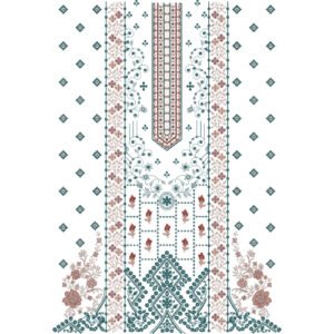 Elegant Floral Dress Embroidery Design with Ornamental Placket, Geometric Panels, and Botanical Vine Motifs