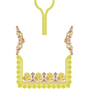 Elegant Floral Neckline Embroidery Design with Decorative Side Panels and Ornamental Hem Border