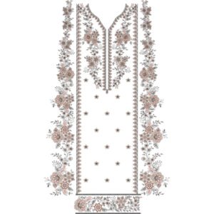 Elegant Floral V-Neck Dress Embroidery Design with Side Floral Borders and Scattered Buti Motifs