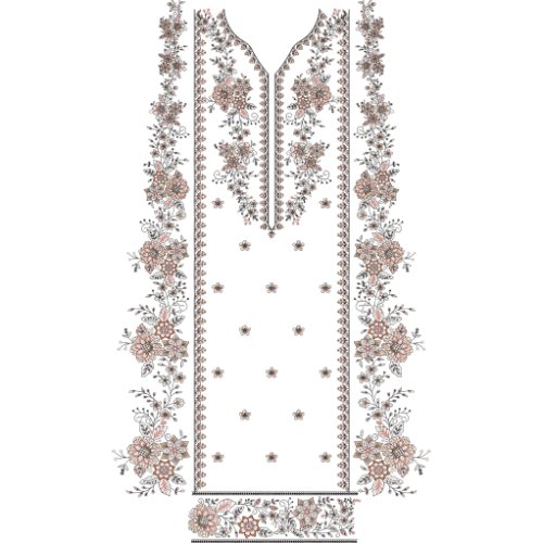 Elegant Floral V-Neck Dress Embroidery Design with Side Floral Borders and Scattered Buti Motifs