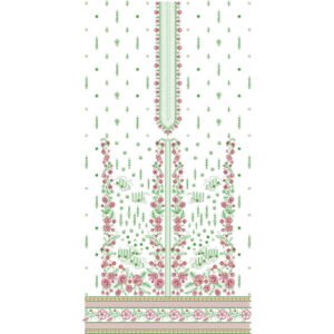 Elegant Floral Dress Embroidery Design with Rose Vine Panels, Scattered Butis, and Decorative Floral Border
