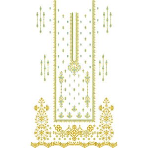 Traditional Geometric Dress Embroidery Design with Ornamental Placket, Ethnic Motifs, and Decorative Border