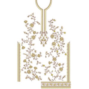 Elegant Floral Neckline Embroidery Design with Botanical Vine Motifs and Decorative Hem Border
