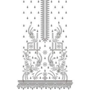 Traditional Floral Dress Embroidery Design with Ornamental Placket, Scattered Butis, and Geometric Border