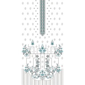 Elegant Floral Dress Embroidery Design with Ornamental Placket, Geometric Framework, and Botanical Motifs