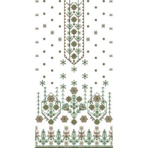 Traditional Floral Dress Embroidery Design with Geometric Placket, Ethnic Motifs, and Decorative Border