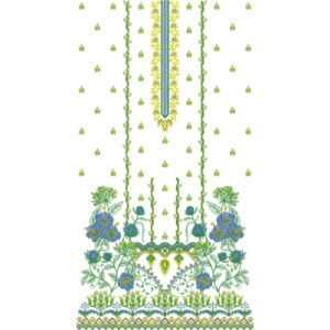 Elegant Floral Dress Embroidery Design with Vine Placket, Blue Blossom Motifs, and Ornamental Border