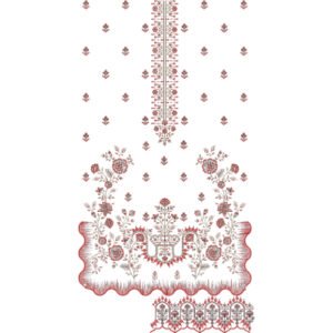 Elegant Floral Dress Embroidery Design with Ornamental Placket, Botanical Vines, and Scalloped Hem Border