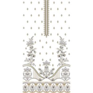 Elegant Floral Dress Embroidery Design with Ornamental Placket, Botanical Sprays, and Decorative Scalloped Border
