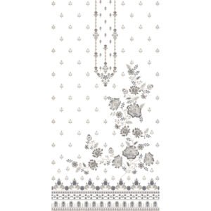 Elegant Floral Dress Embroidery Design with Hanging Pendant Motif, Botanical Vine Arrangement, and Decorative Border