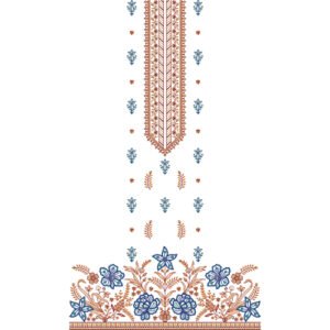 Elegant Floral Dress Embroidery Design with Hanging Pendant Motif, Botanical Vine Arrangement, and Decorative Border