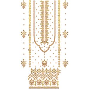 Luxury Geometric Dress Embroidery Design with Ornamental Neckline, Ethnic Motifs, and Decorative Border