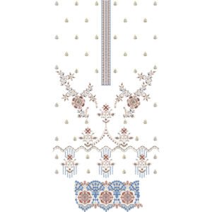 Elegant Floral Dress Embroidery Design with Ornamental Vine Motifs, Scattered Butis, and Decorative Border