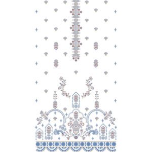 Elegant Ornamental Dress Embroidery Design with Floral Sprays, Ethnic Motifs, and Decorative Lace Border