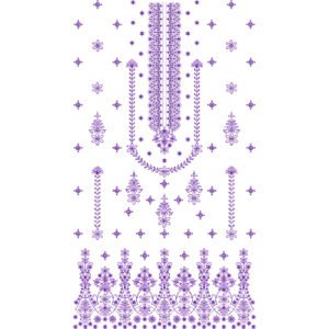 Elegant Floral Dress Embroidery Design with Ornamental Placket, Scattered Butis, and Decorative Floral Border