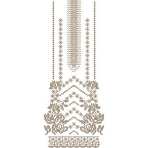 Elegant Floral Dress Embroidery Design with Ornamental Placket, Rose Motifs, and Decorative Border