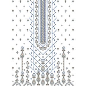 Luxury Geometric Dress Embroidery Design with Ornamental Placket, Ethnic Motifs, and All-Over Buti Pattern