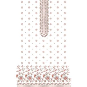 Elegant Floral Dress Embroidery Design with Ornamental Placket, Scattered Rosette Butis, and Botanical Border