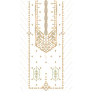 Luxury Geometric Dress Embroidery Design with Ornamental Placket, Ethnic Motifs, and Decorative Framed Borders
