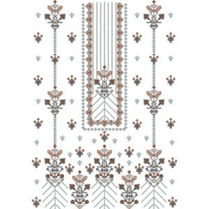Traditional Geometric Dress Embroidery Design with Ethnic Motifs, Ornamental Placket, and All-Over Buti Pattern