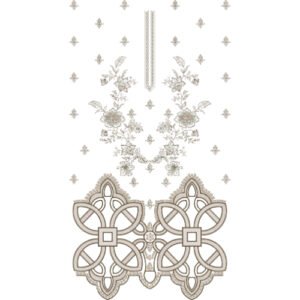 Elegant Floral Dress Embroidery Design with Ornamental Geometric Border and Scattered Buti Motifs