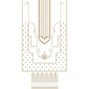 Luxury Ornamental Dress Embroidery Design with Elaborate Placket, Scattered Butis, and Decorative Hem Border