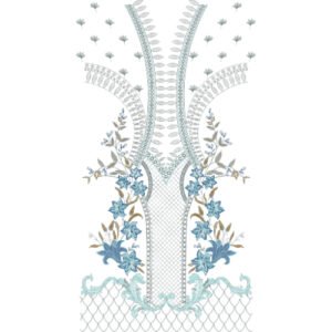 Elegant Floral V-Neck Embroidery Design with Lattice Panel, Botanical Motifs, and Ornamental Scrollwork