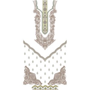 Luxury V-Neck Lace Embroidery Design with Ornamental Scrollwork, Scattered Butis, and Decorative Hem Border