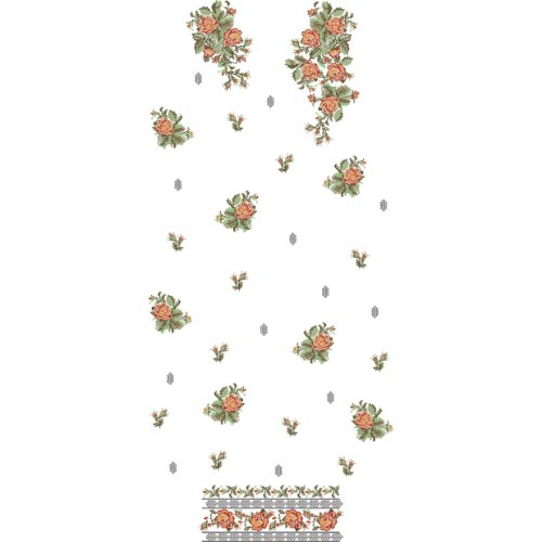 Elegant Rose Floral Embroidery Design with Scattered Bouquet Motifs and Decorative Hem Border