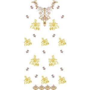 Elegant Floral Neckline Embroidery Design with Ornamental Pendant Motif and Scattered Botanical Elements