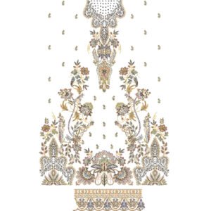 Luxury Floral Dress Embroidery Design with Ornamental Pendant Motif, Botanical Vines, and Decorative Border