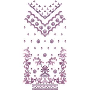 Elegant Floral V-Neck Embroidery Design with Ornamental Scalloped Motifs and Botanical Border