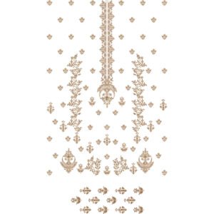 Elegant Floral Dress Embroidery Design with Ornamental Placket, Scattered Buti Motifs, and Botanical Flourishes